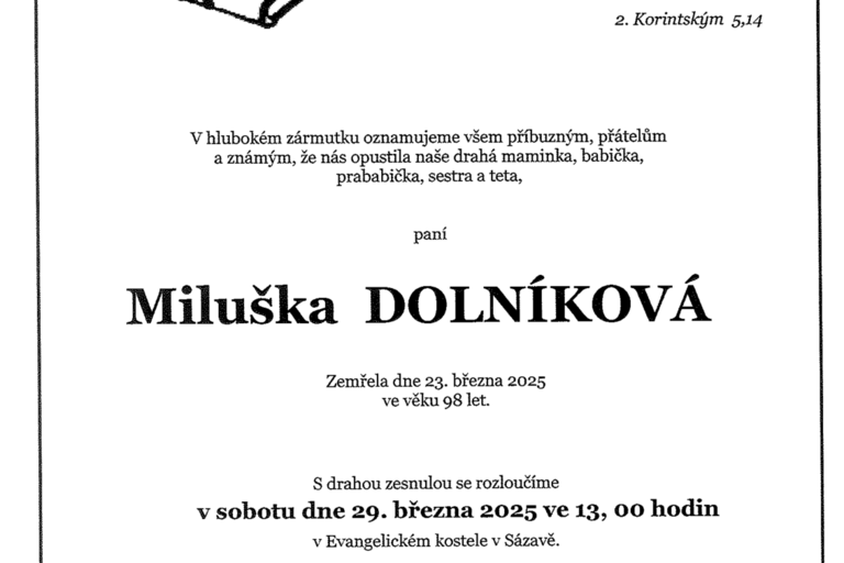 Smuteční rozloučení s Miluškou Dolníkovou 29. března ve 13:00