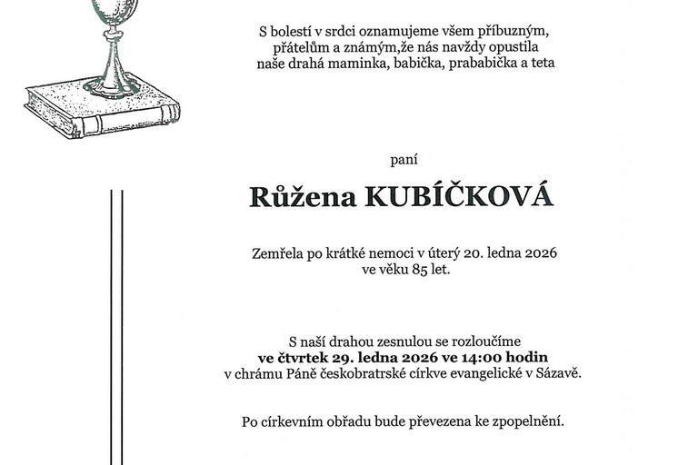 Smuteční rozloučení s Růženou Kubíčkovou 29. ledna ve 14:00