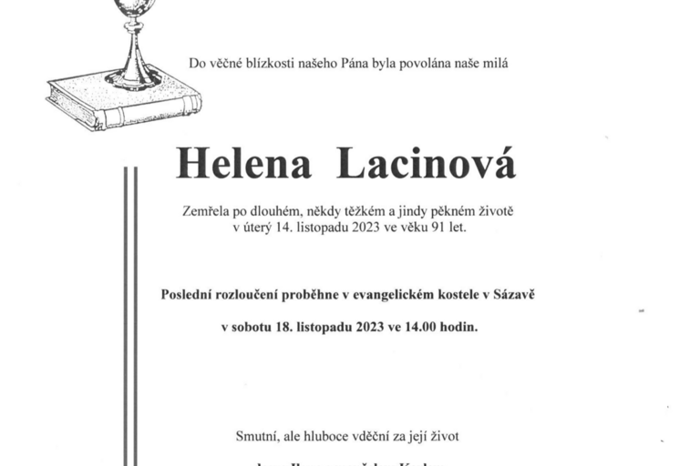 Bohoslužby vděčnosti za život Heleny Lacinové 18.11. ve 14:00